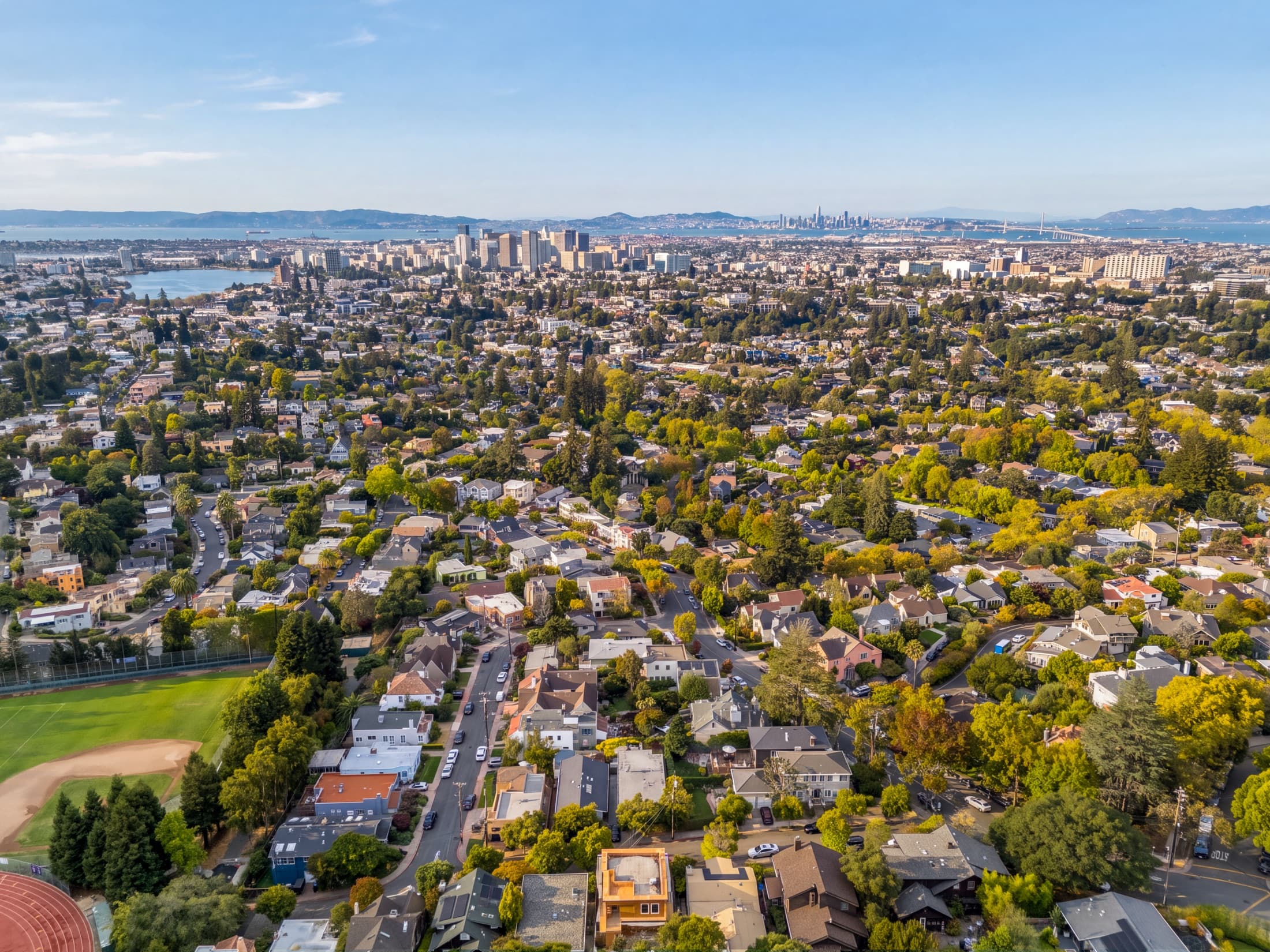 Aerial view from Piedmont toward downtown Oakland, San Francisco, the Bay, and the Bay Bridge.